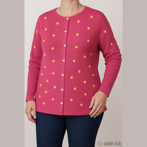 Size 1X Cardigan Knit embroidered Pink color with orange polka dot WHIMSY